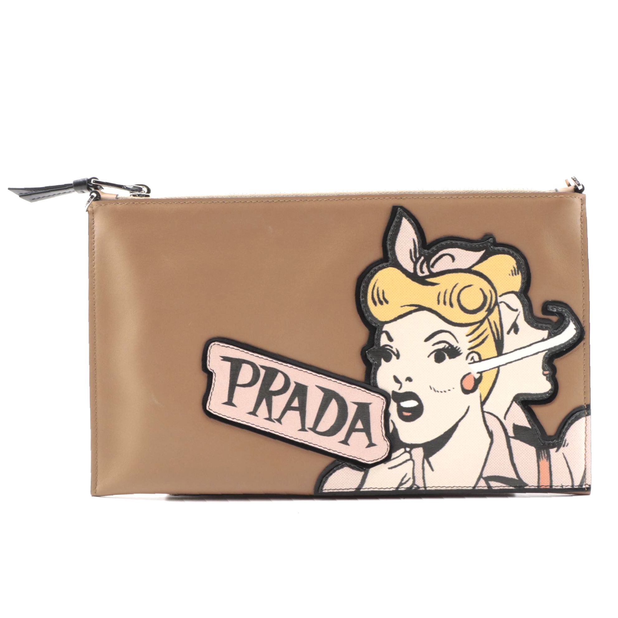 Prada Brown Leather Comic Logo Zipper Clutch