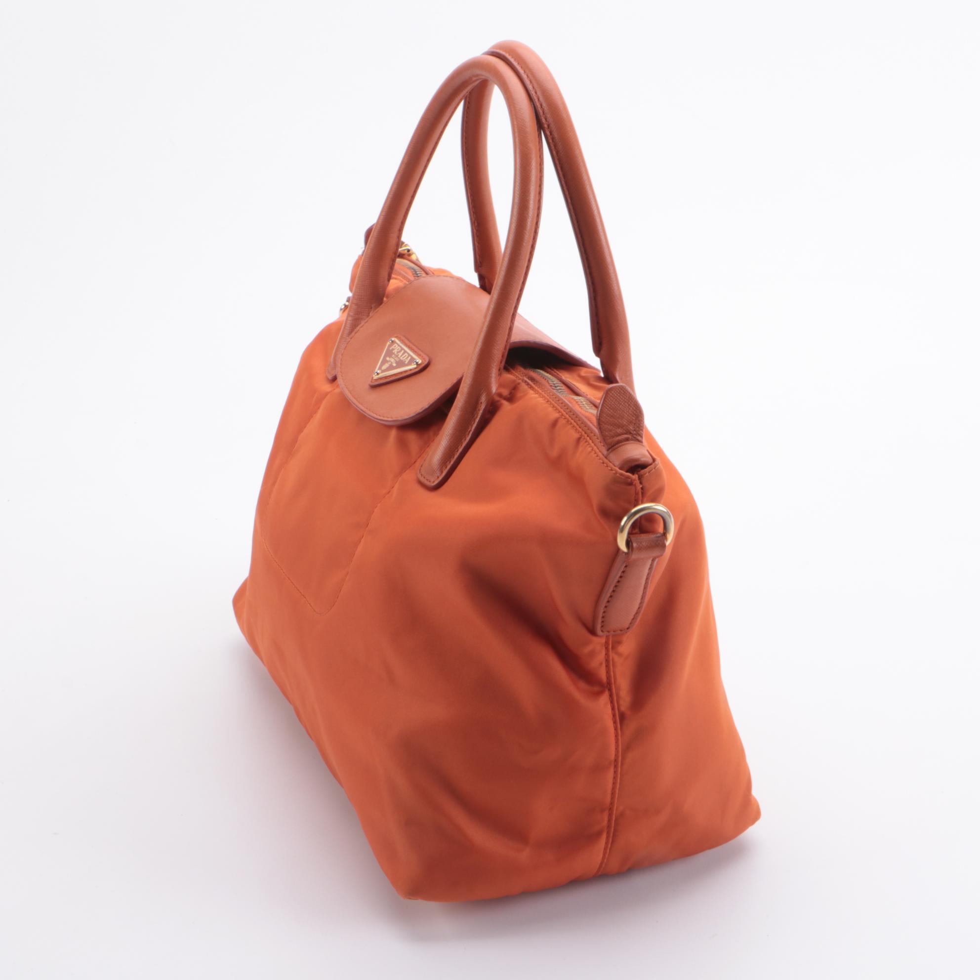 Prada Tessuto Convertible Tote in Orange Nylon and Saffiano Leather Trim