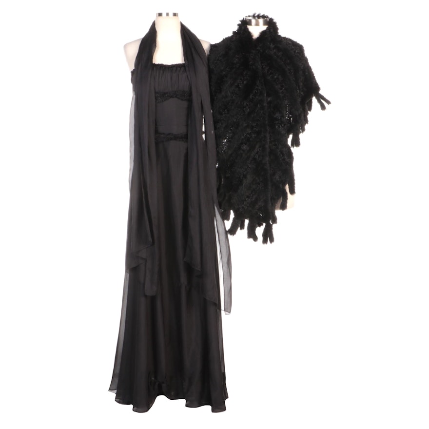 Black Silk Strapless Evening Dress, Chiffon Scarf and Faux Fur Wrap