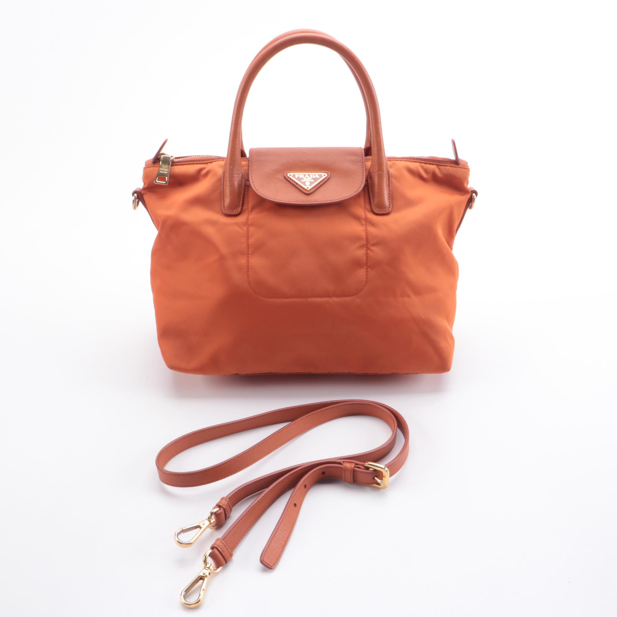 Prada Tessuto Convertible Tote in Orange Nylon and Saffiano Leather Trim