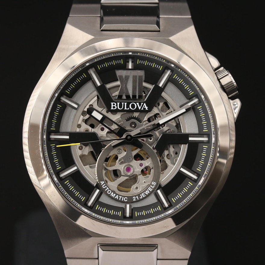 Bulova Maquina Skeleton Dial Gunmetal Automatic Wristwatch