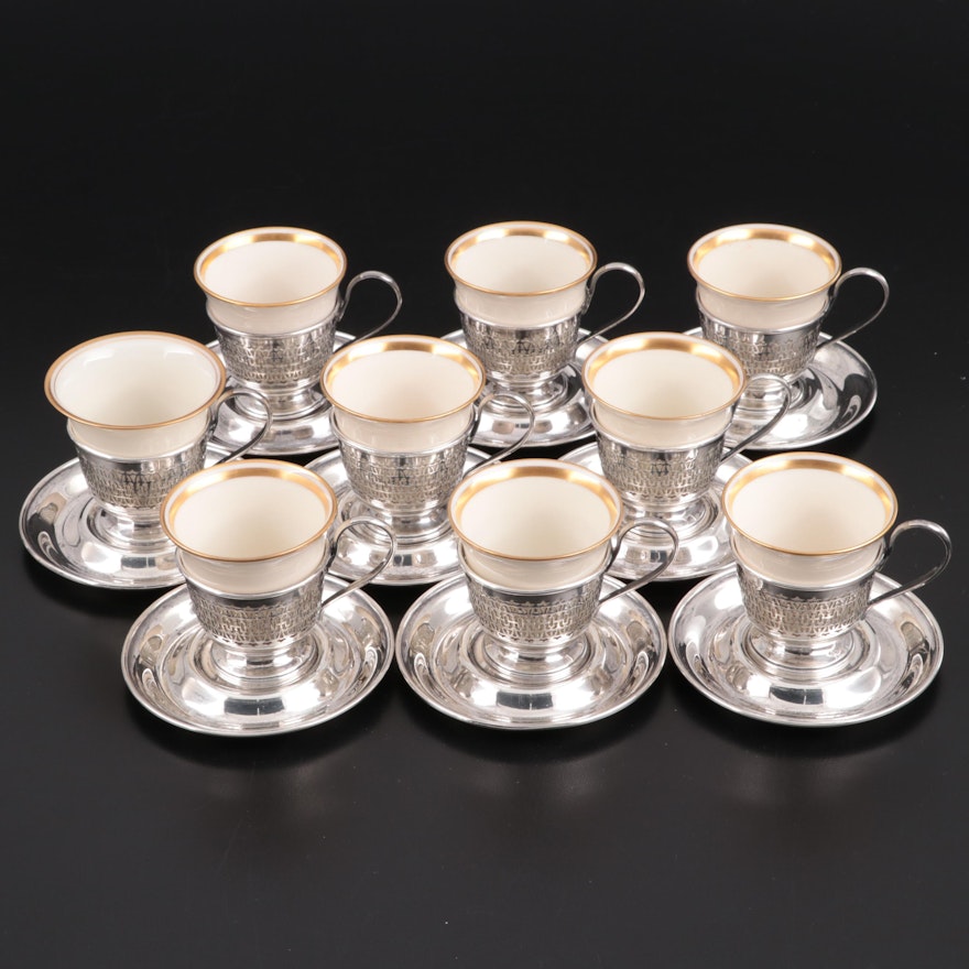 International Sterling Silver Zarfs and Saucers with Lenox Porcelain Inserts