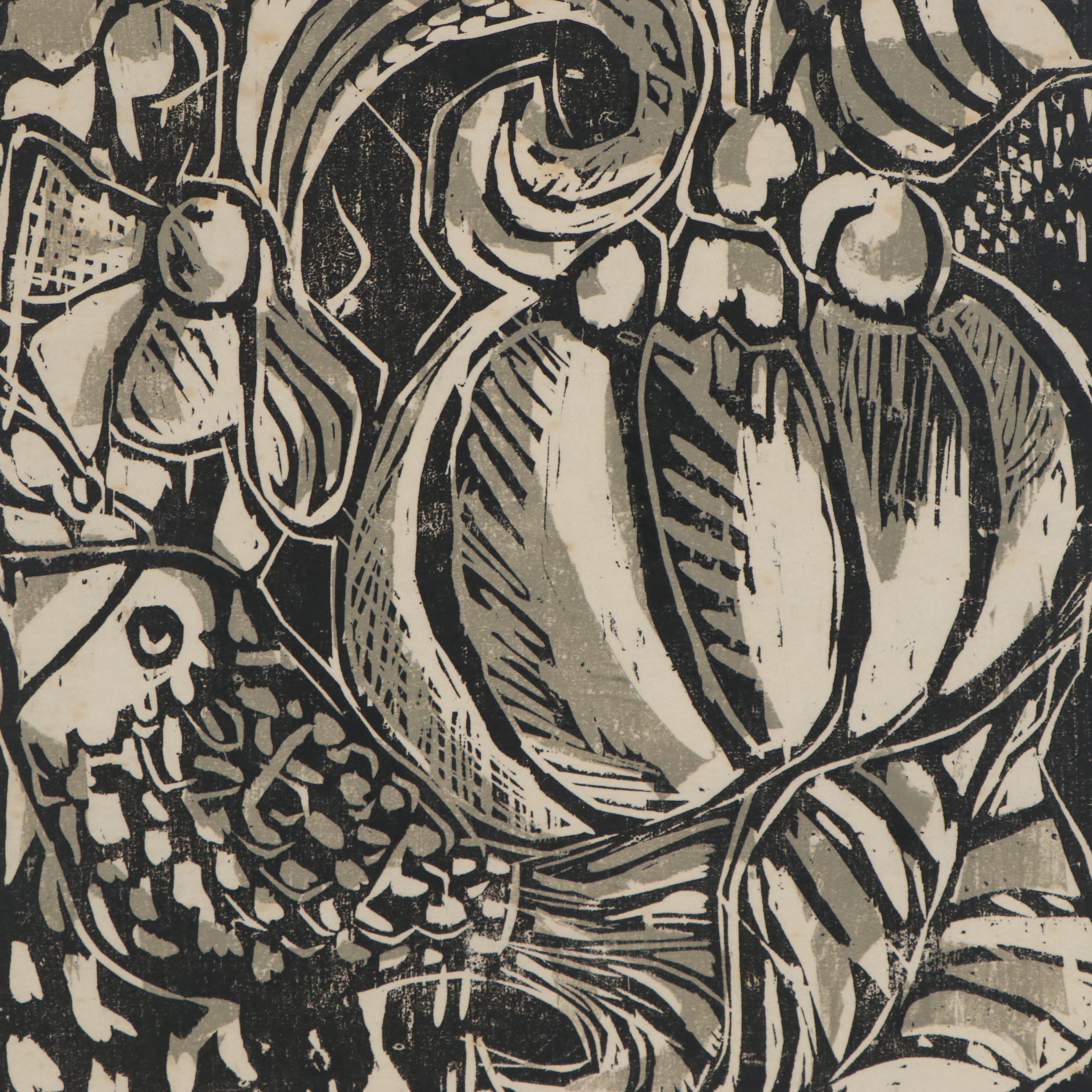 Kathy Hall Woodblocks and Mexican Folk Art Gouache Painting, Late 20th Century