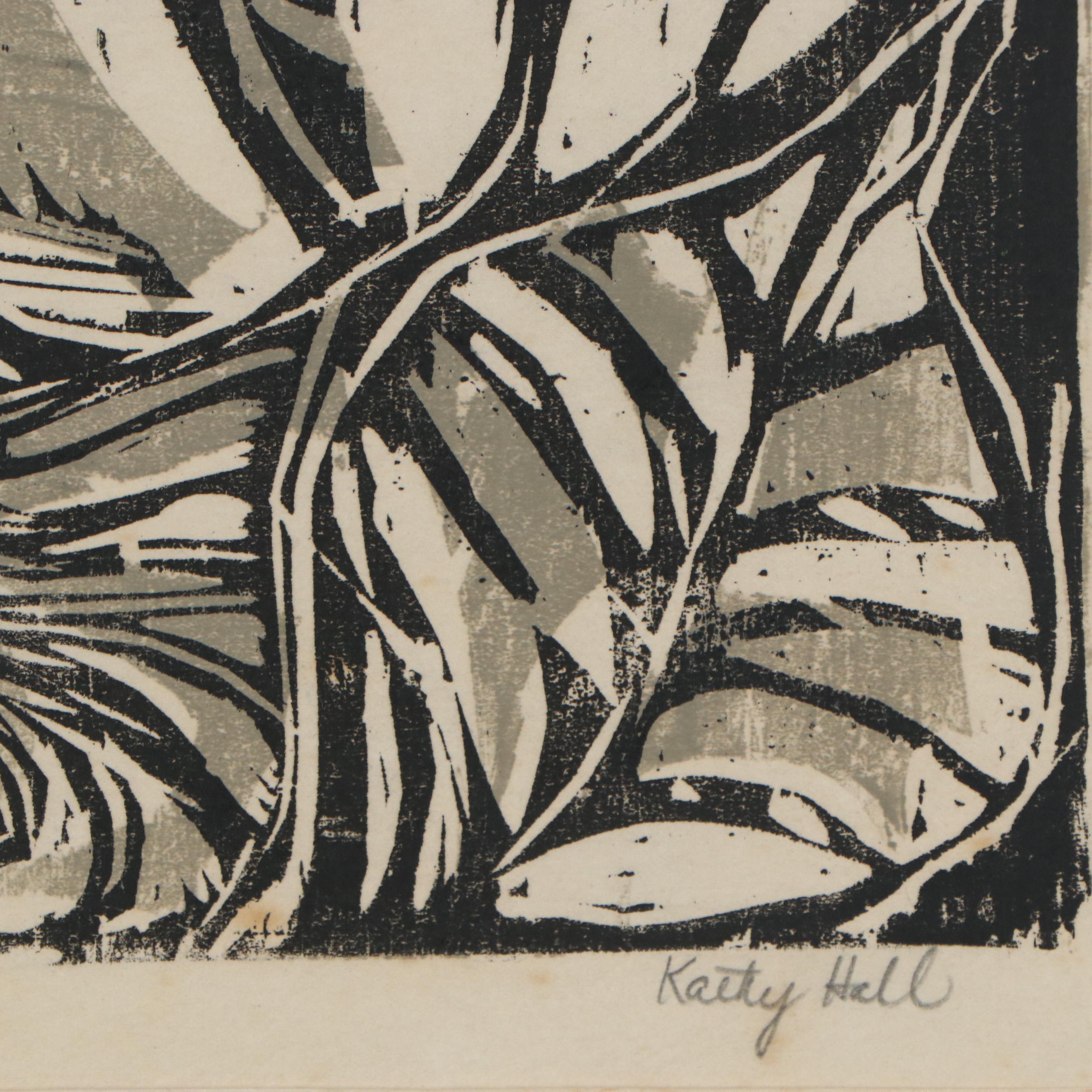 Kathy Hall Woodblocks and Mexican Folk Art Gouache Painting, Late 20th Century