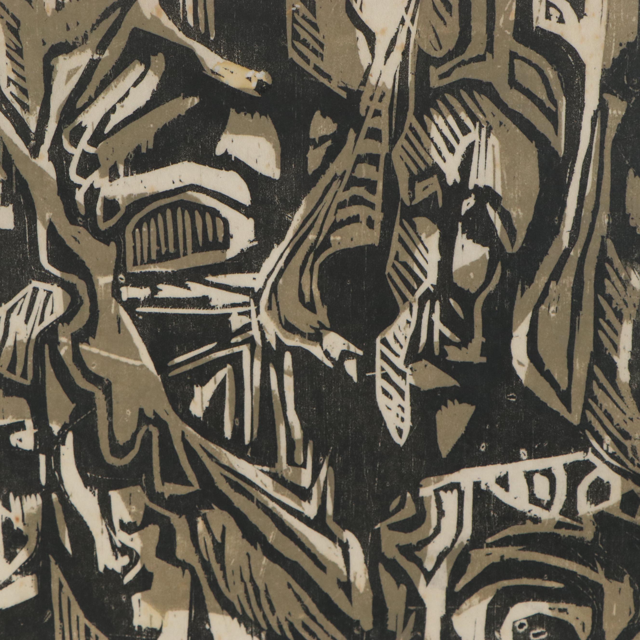 Kathy Hall Woodblocks and Mexican Folk Art Gouache Painting, Late 20th Century