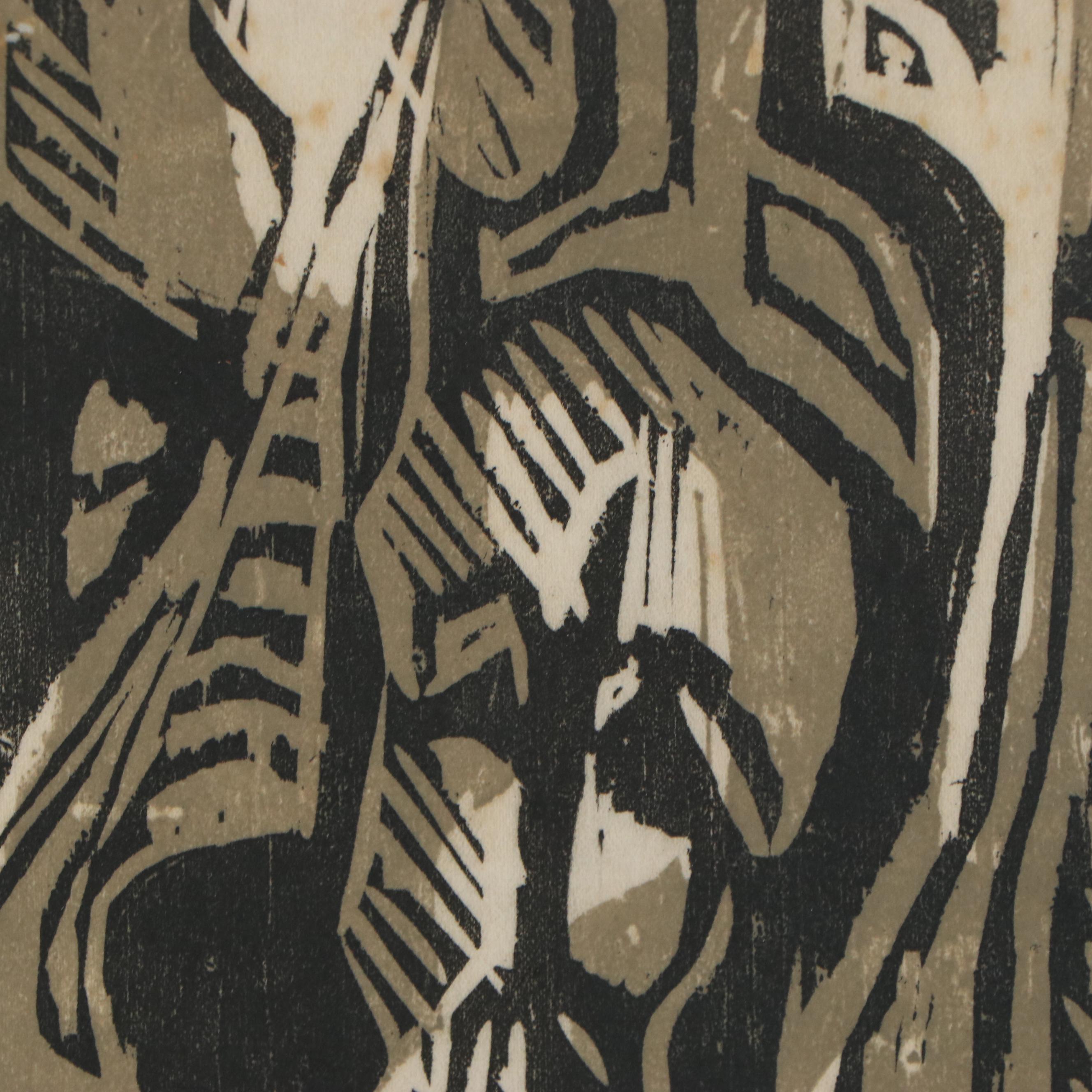 Kathy Hall Woodblocks and Mexican Folk Art Gouache Painting, Late 20th Century