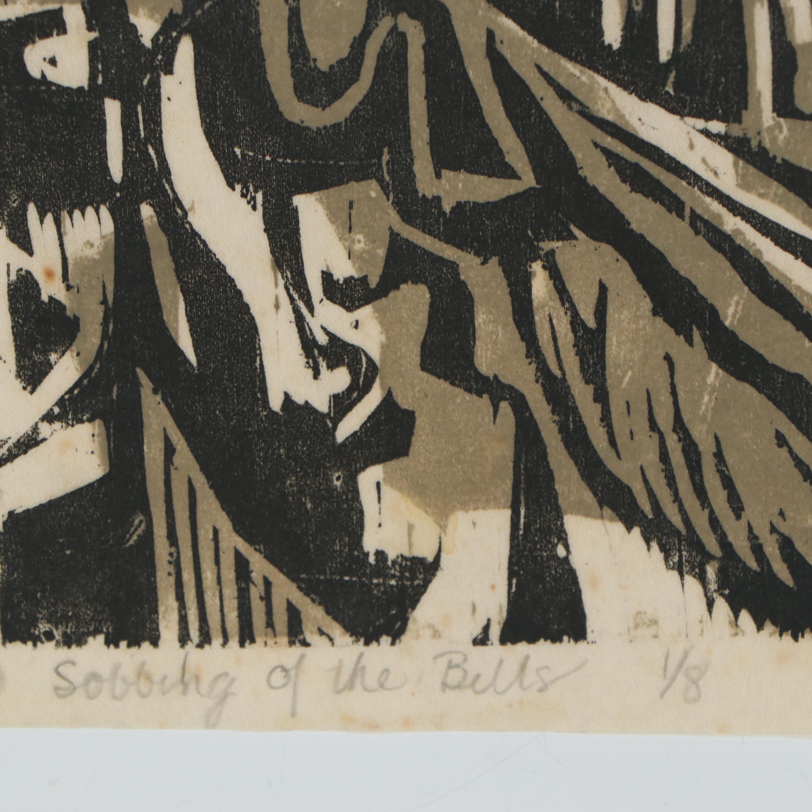 Kathy Hall Woodblocks and Mexican Folk Art Gouache Painting, Late 20th Century