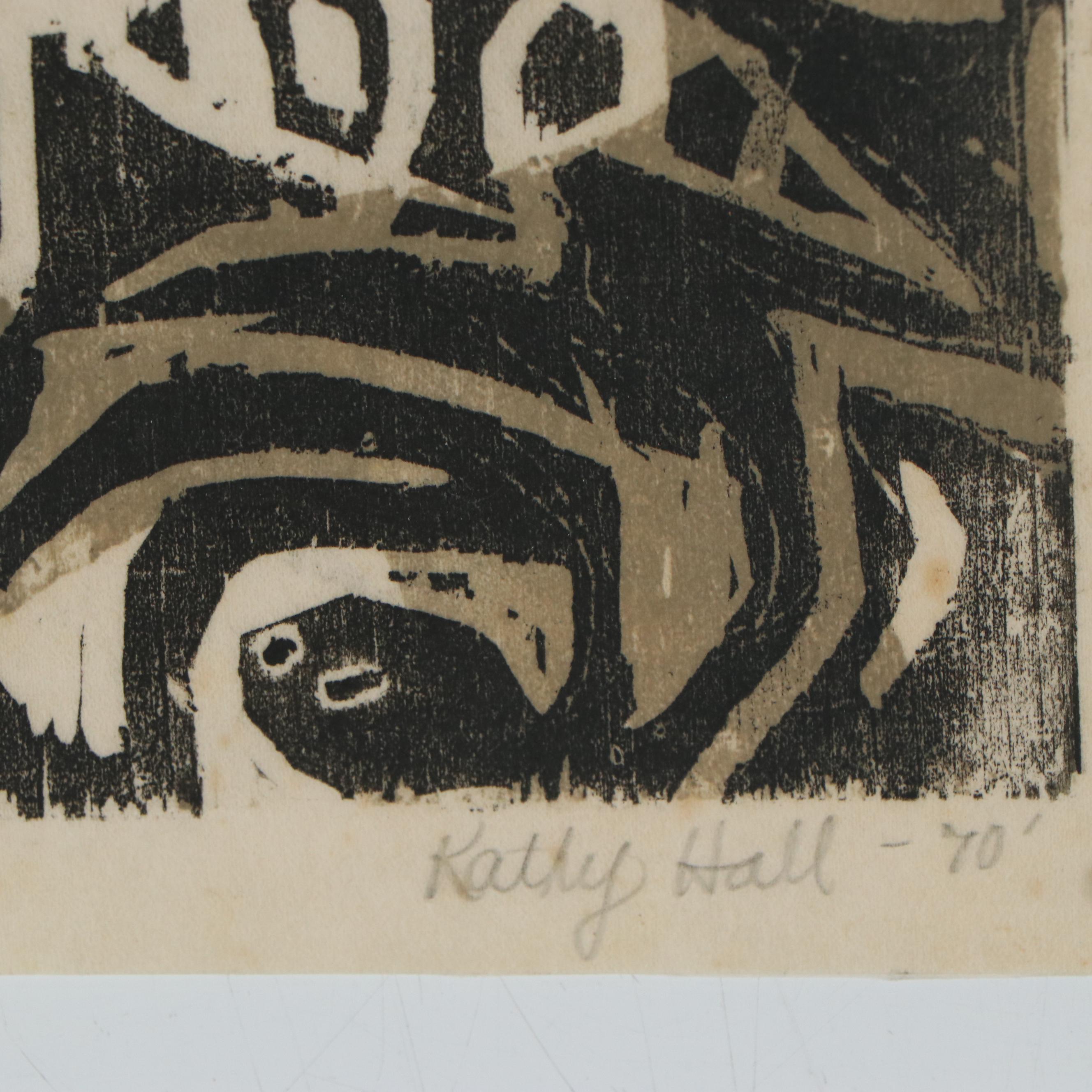 Kathy Hall Woodblocks and Mexican Folk Art Gouache Painting, Late 20th Century