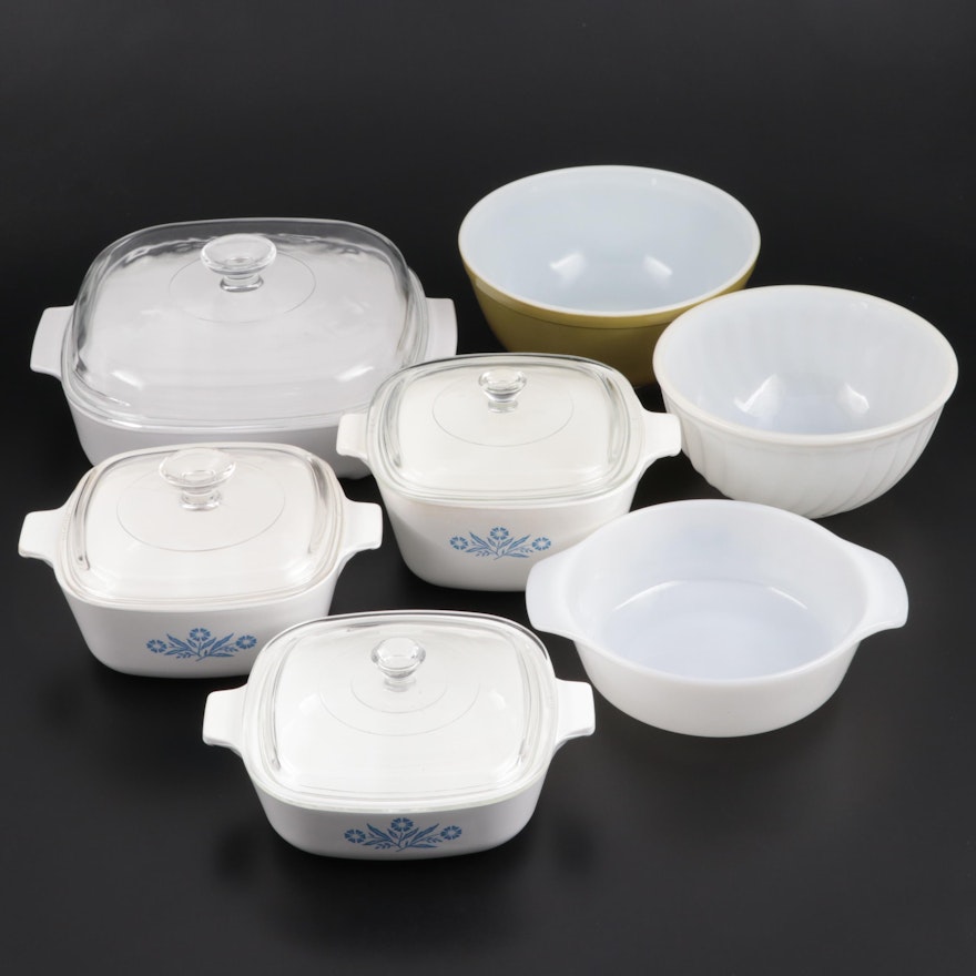 Corning Ware "Blue Cornflower" Casseroles with Pyrex and Anchor Hocking Bowls