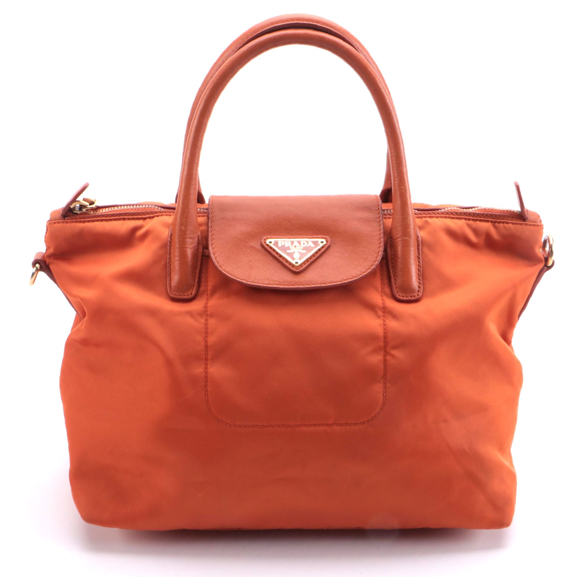 Prada Tessuto Convertible Tote in Orange Nylon and Saffiano Leather Trim