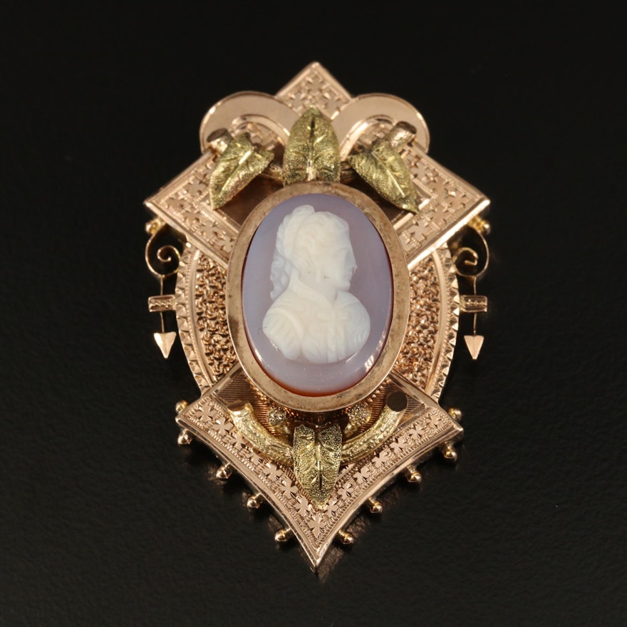 Victorian 10K Agate Cameo Converter Brooch with Green Gold Leaves Accent