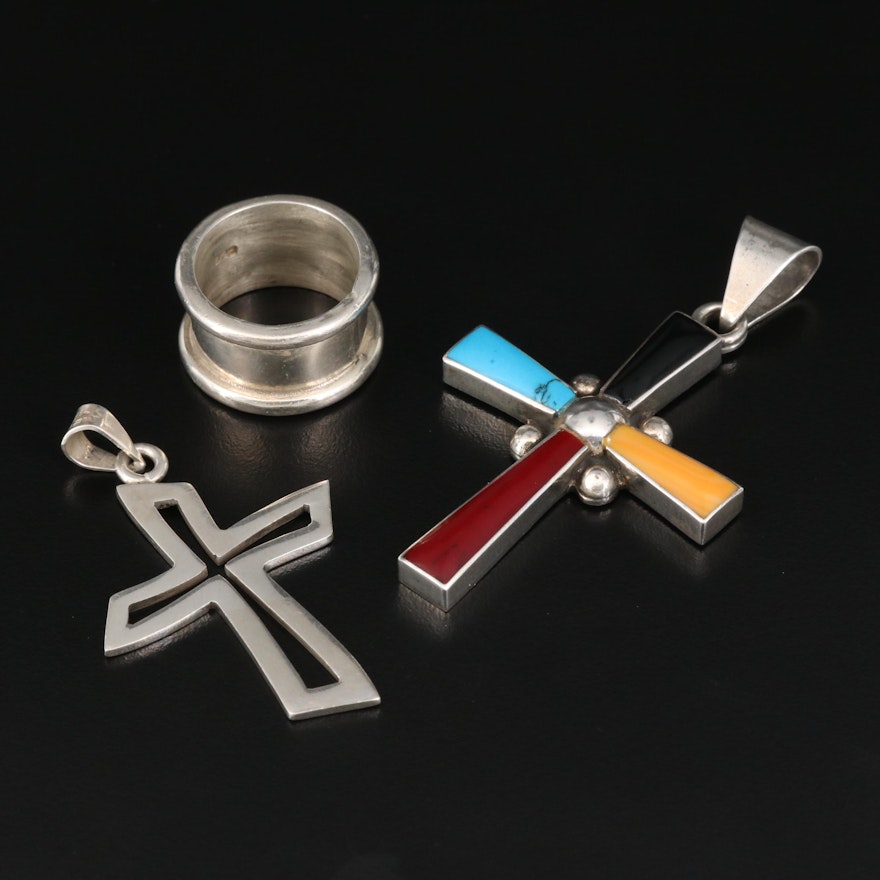 Sterling Wide Band and Cross Pendants with Enamel