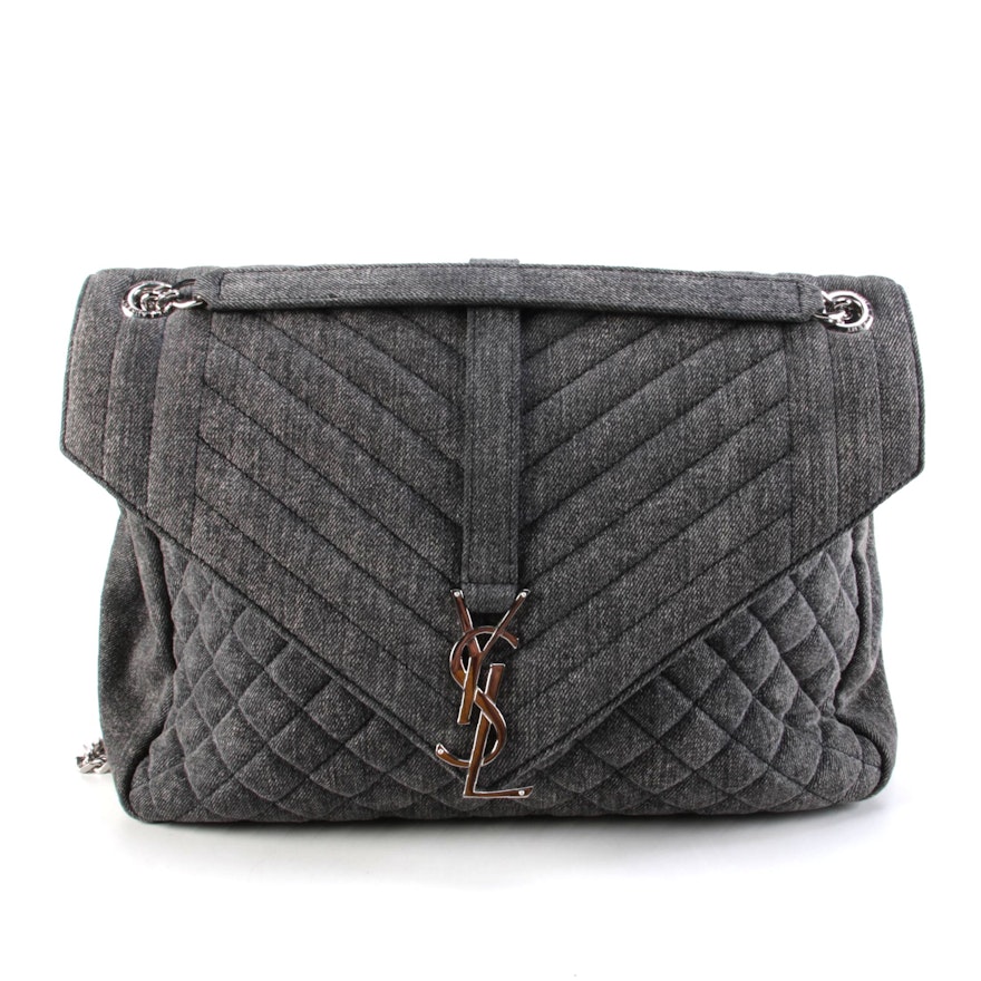 Yves Saint Laurent Monogram Slouchy Envelope Shoulder Bag in Black Quilted Denim