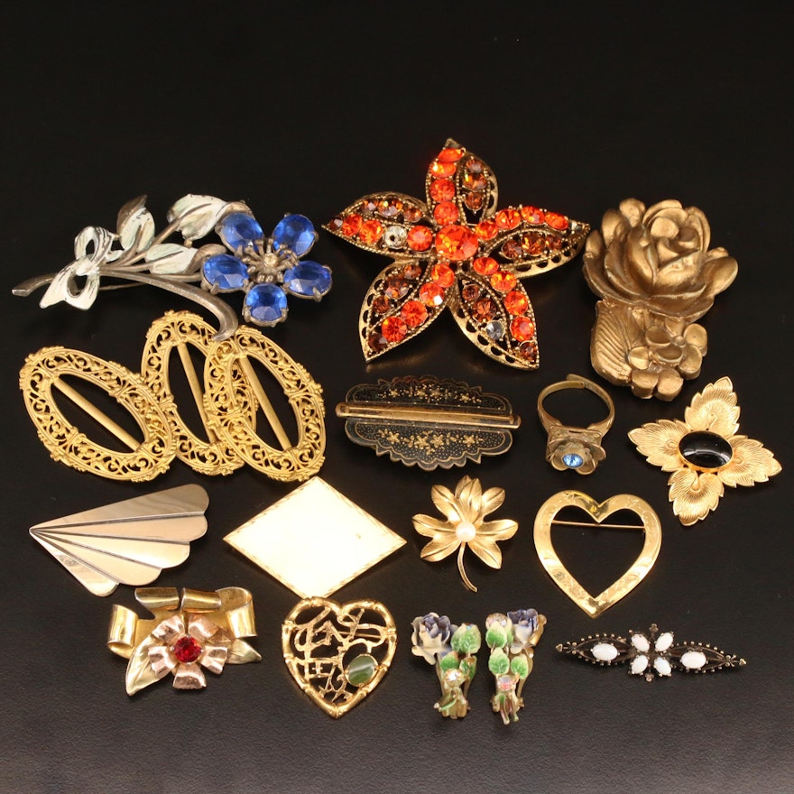 Antique and Vintage Brooches Including Sterling and Featuring Raleigh