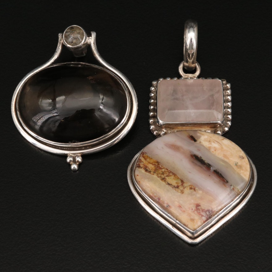 Sterling Oval and Geometric Pendants with Rose Quartz, Agate and Quartz