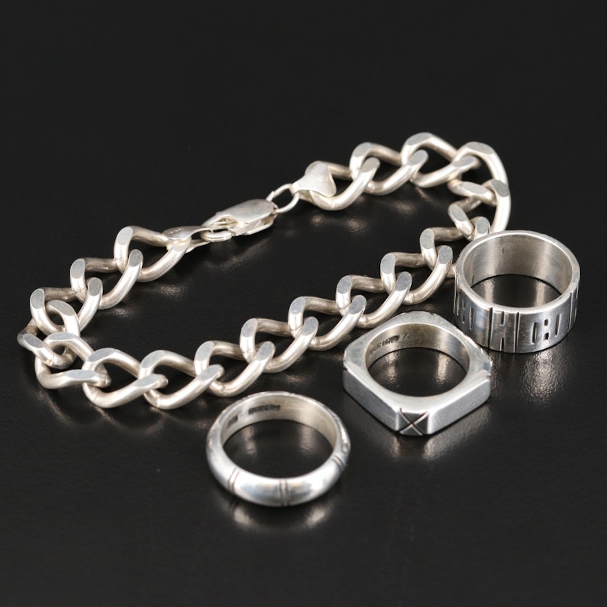 Sterling Silver Curb Link Bracelet and Ring Selection