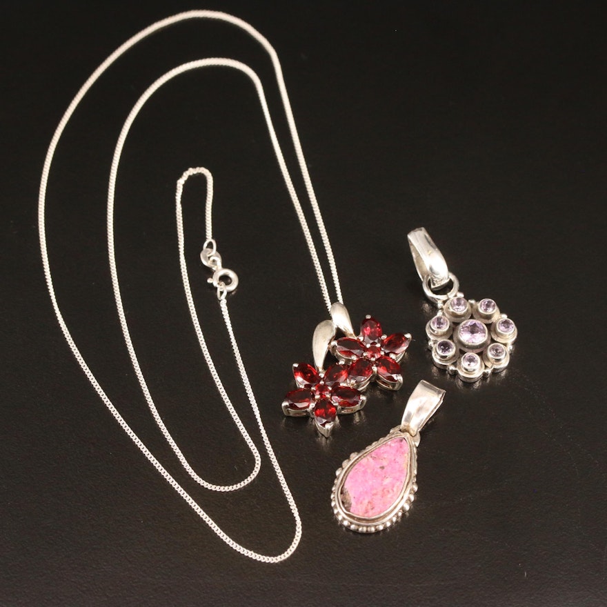 Sterling Pendants and Necklace with Garnet, Amethyst and Druzy