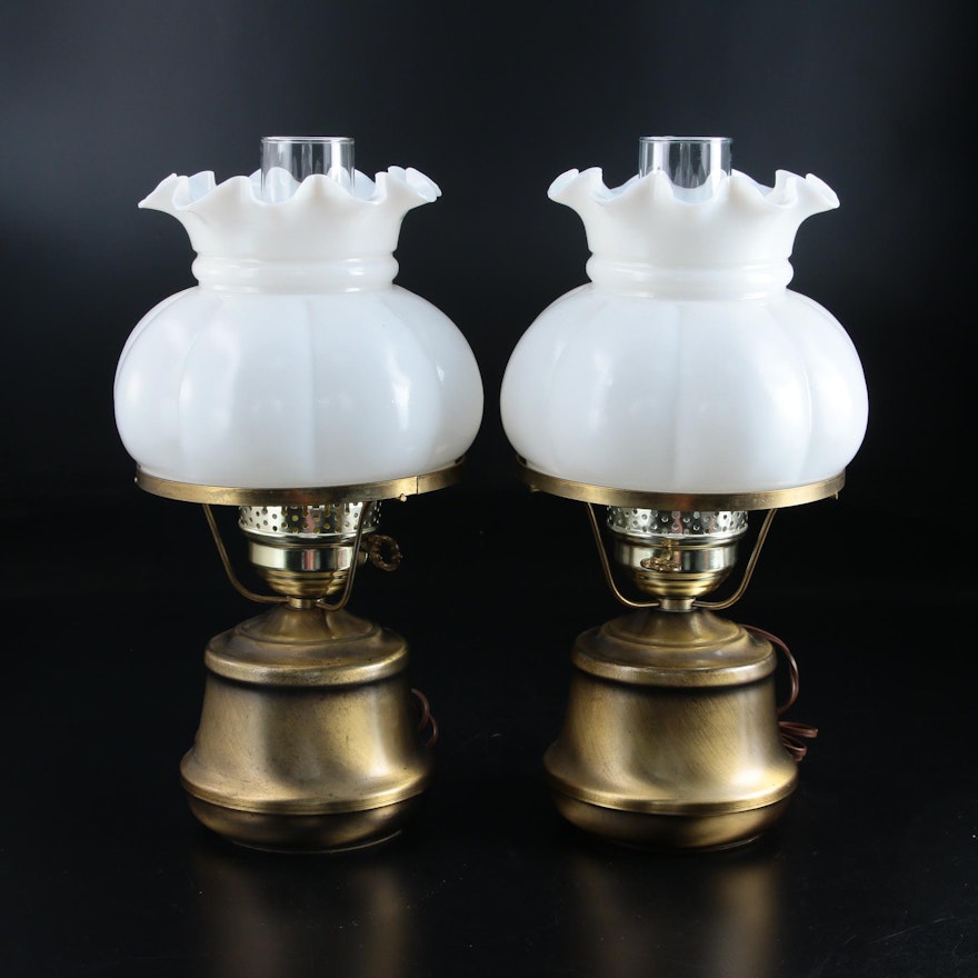 Pair of Brass Converted Oil Lamps, Mid 20th Century