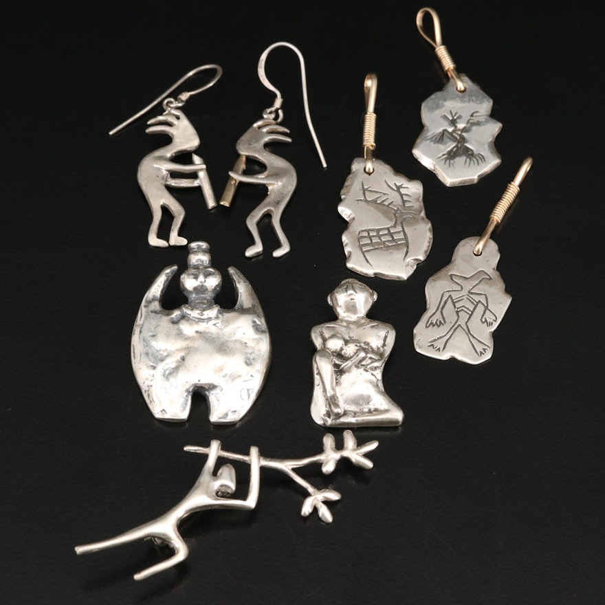 Sterling  Kokopelli Earrings and Petroglyph Pendants
