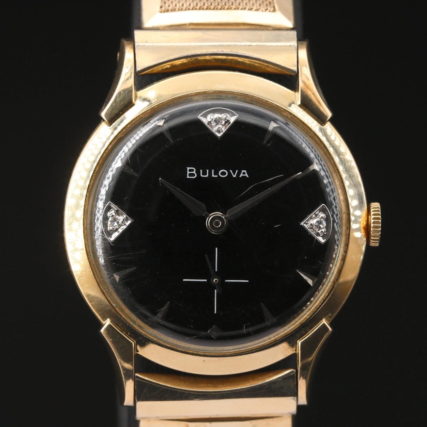 1958 Bulova Diamond Dial 10K Gold Filled Stem Wind Wristwatch