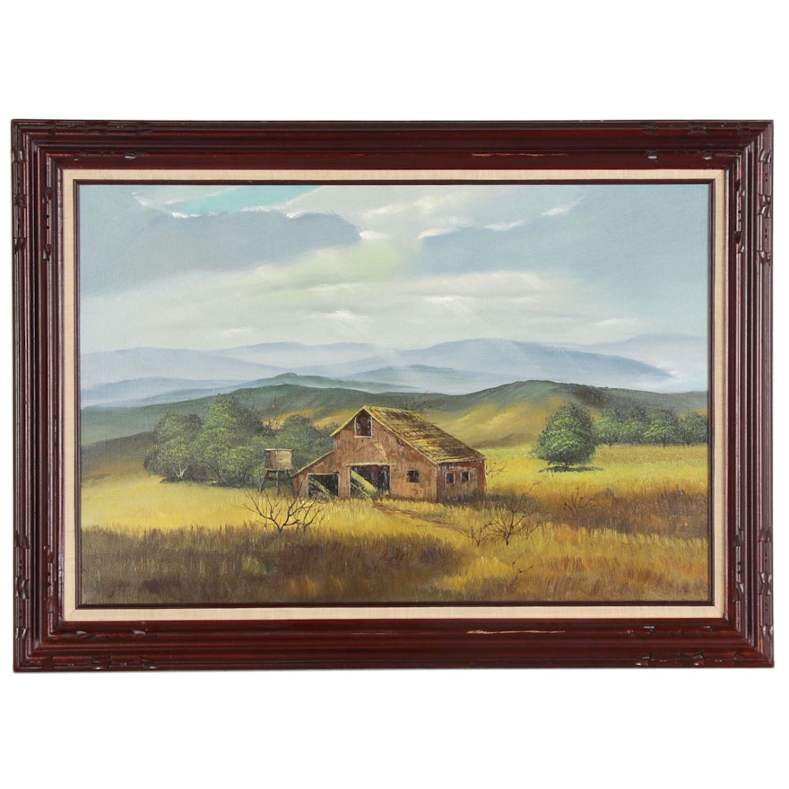 Landscape Oil Painting with Barn, Late 20th Century