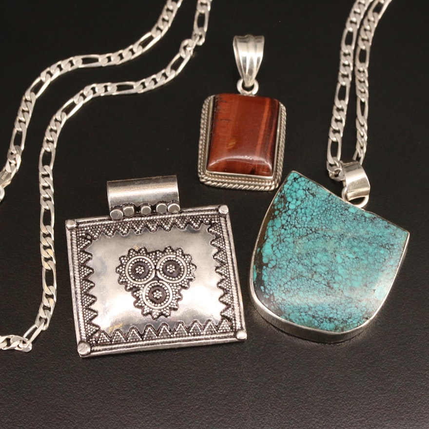 Sterling Pendants and Figaro Chain Necklace with Tiger's Eye and Turquoise
