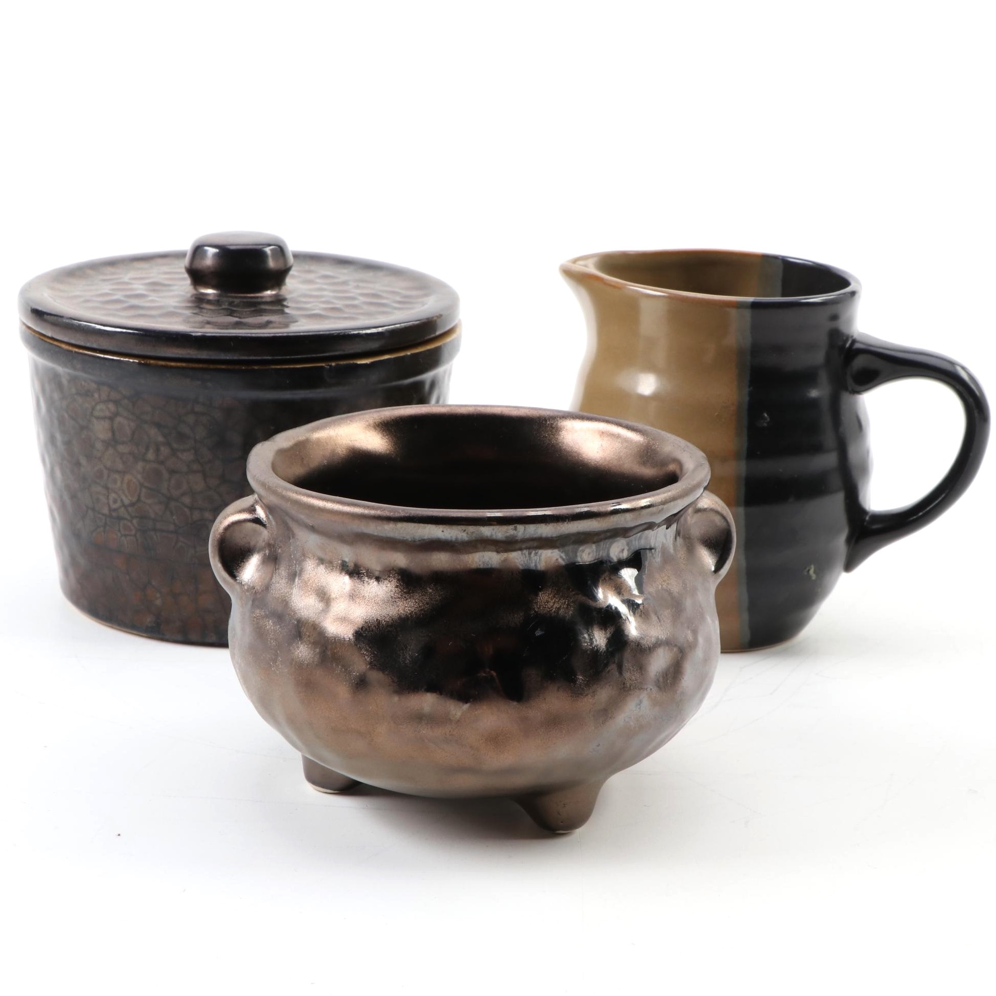 McCoy Cauldron Jardinière and Cookie Jar with Sango "Eclipse Brown" Pitcher