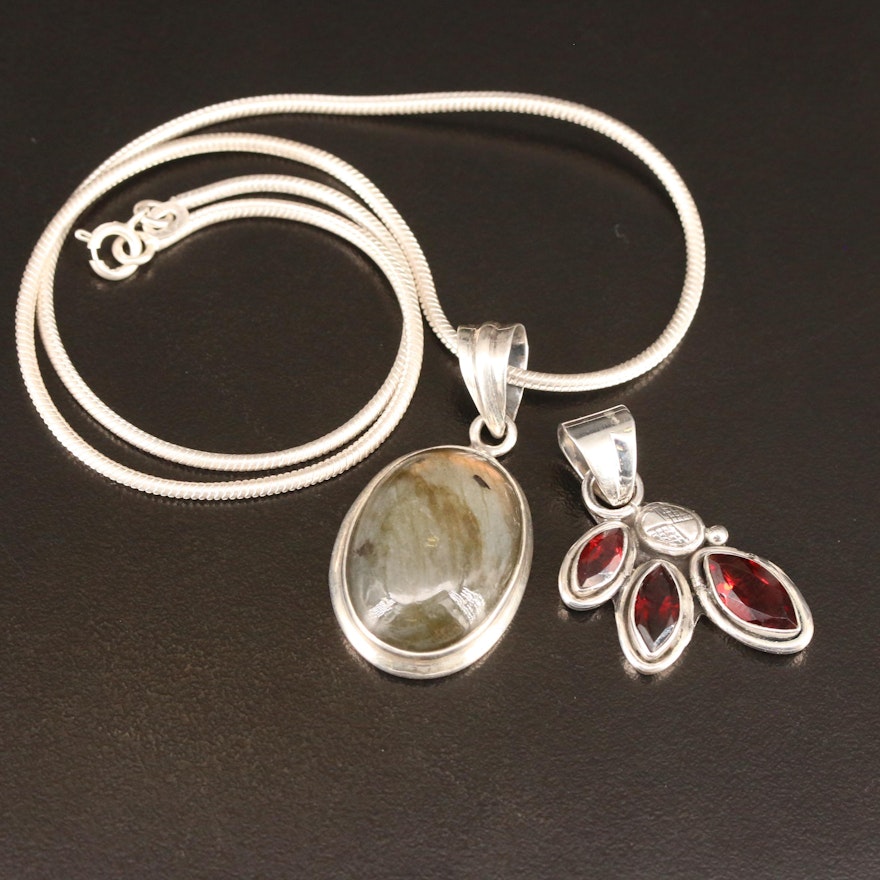 Sterling Silver Labradorite Pendant Necklace and Sterling Garnet Pendant