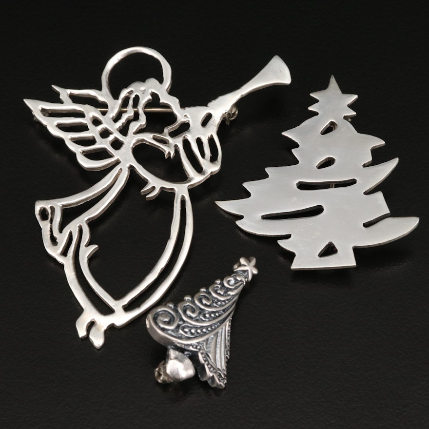 Sterling Christmas Tree and Angel Brooches