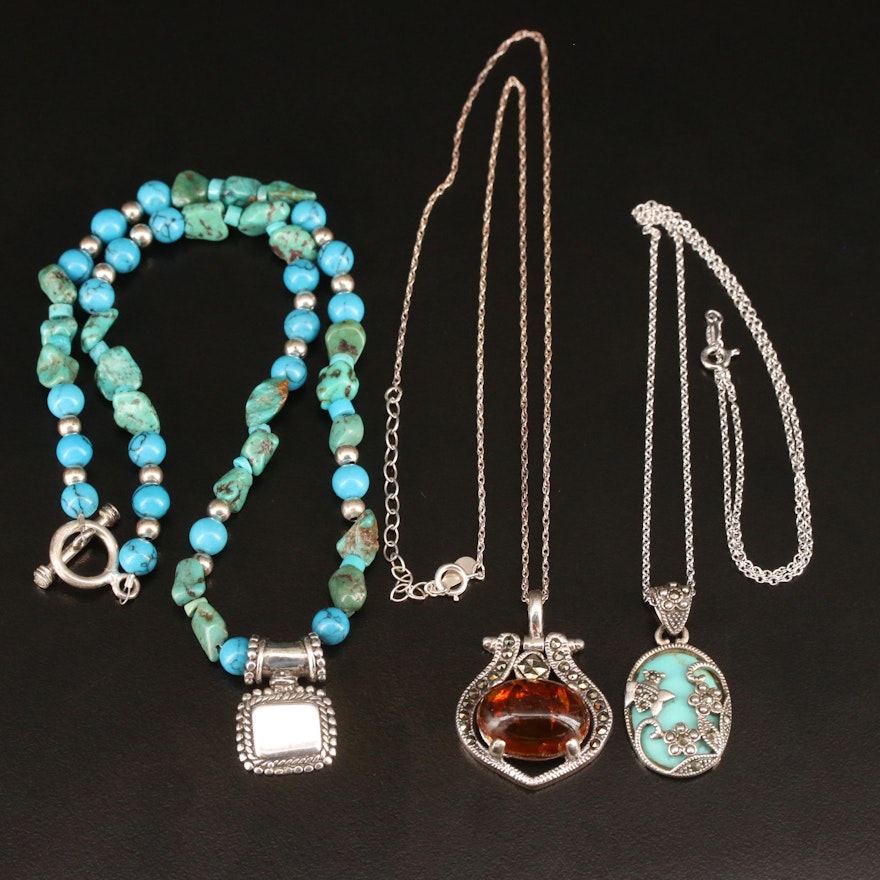 Mexican Sterling Silver Turquoise and Amber Necklaces