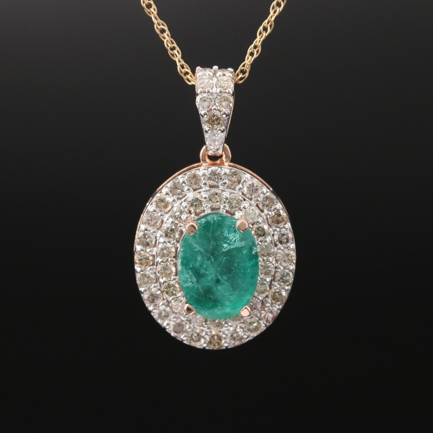 14K 2.08 CT Emerald and Diamond Double Halo Necklace