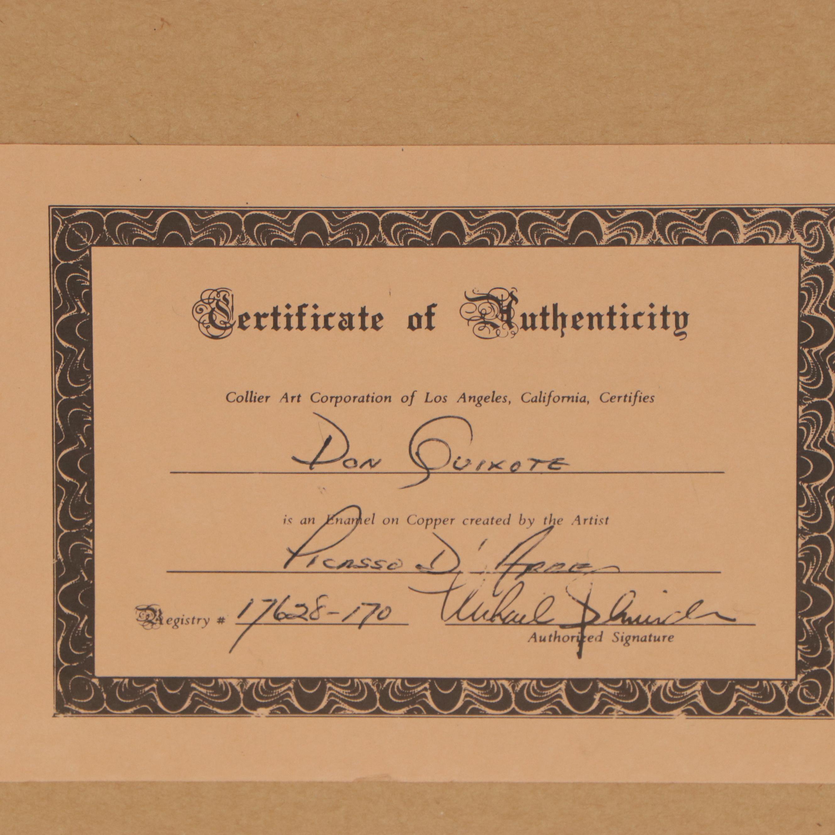 Enamel Painting after Pablo Picasso "Don Quixote," Late 20th Century