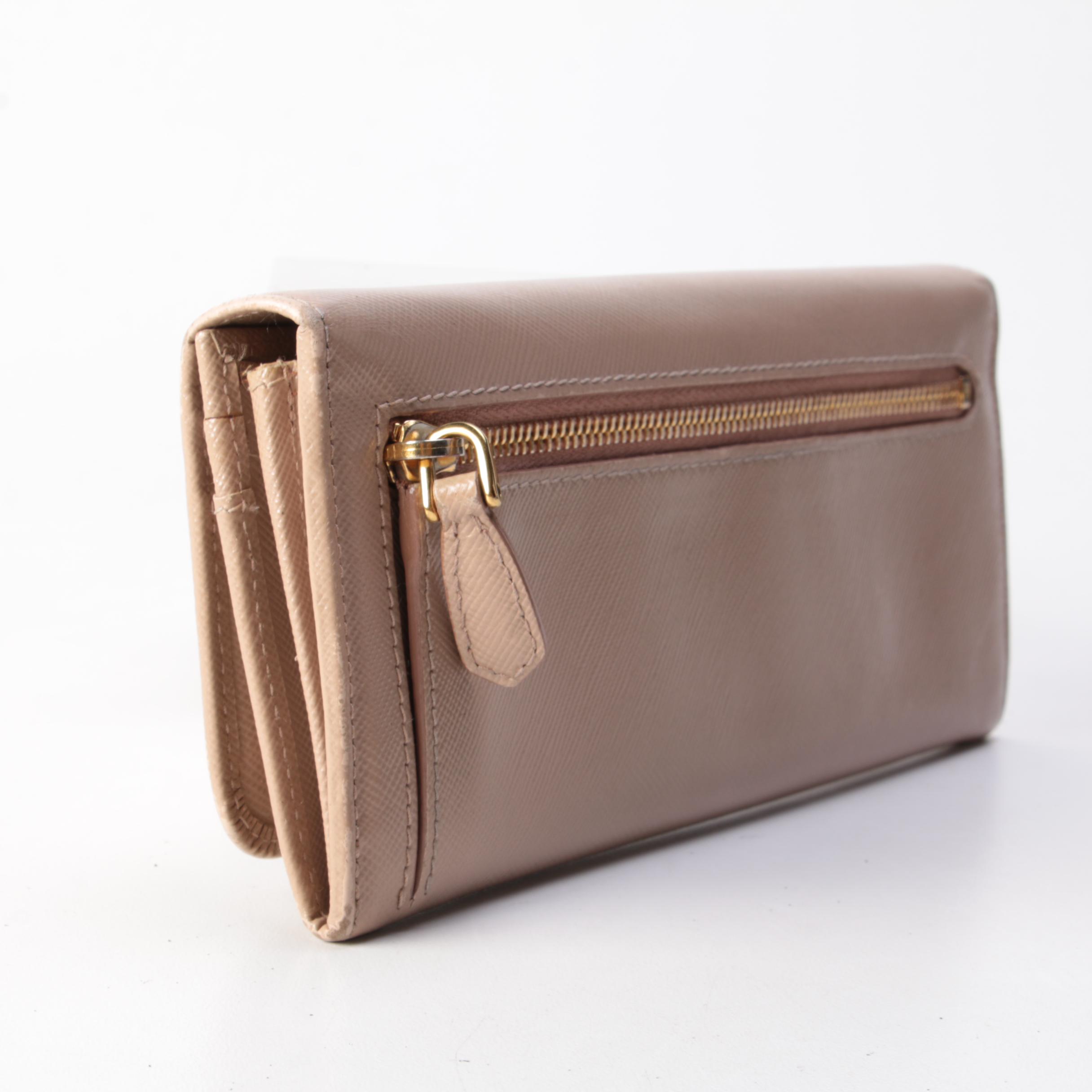 Prada Continental Bow Wallet in Cammeo Saffiano Leather with Box