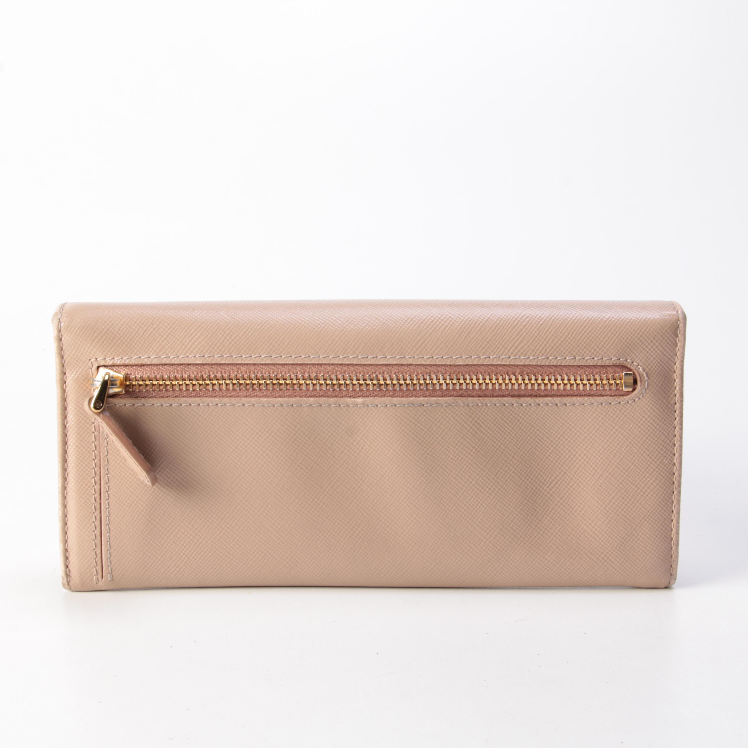 Prada Continental Bow Wallet in Cammeo Saffiano Leather with Box