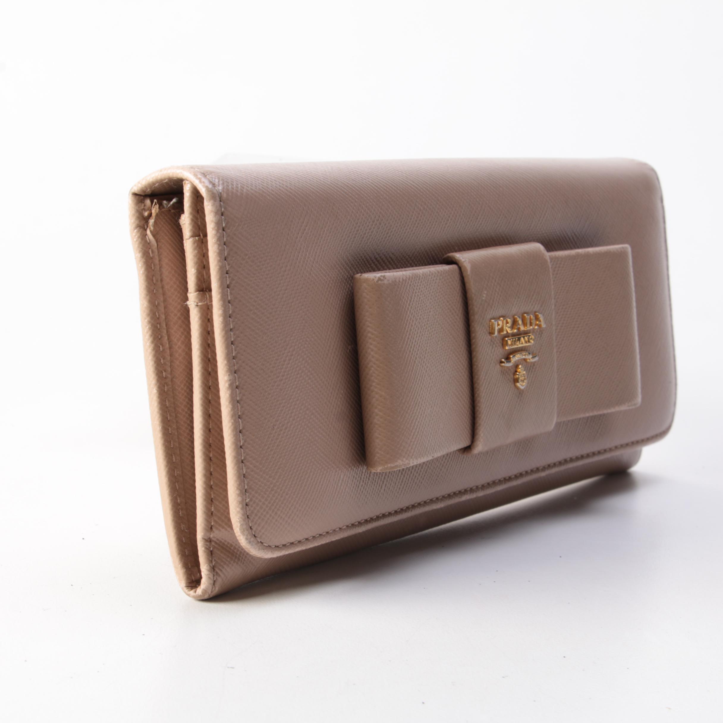Prada Continental Bow Wallet in Cammeo Saffiano Leather with Box
