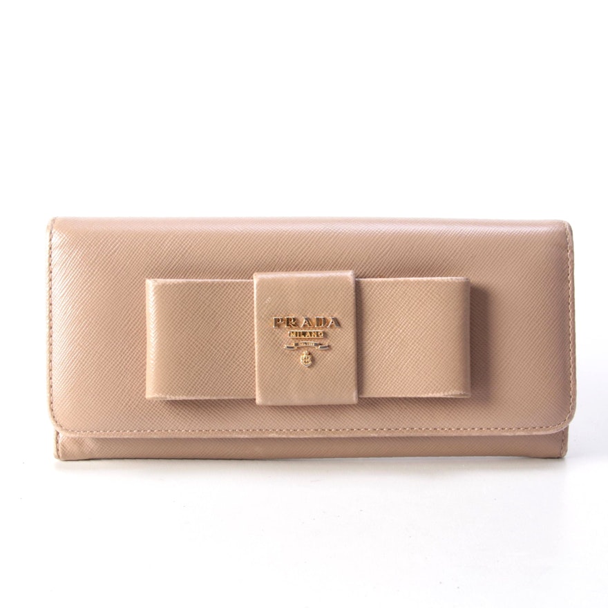Prada Continental Bow Wallet in Cammeo Saffiano Leather with Box