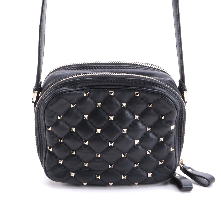 Valentino Rockstud Spike Black Quilted Nappa Leather Double Zip Mini Camera Bag