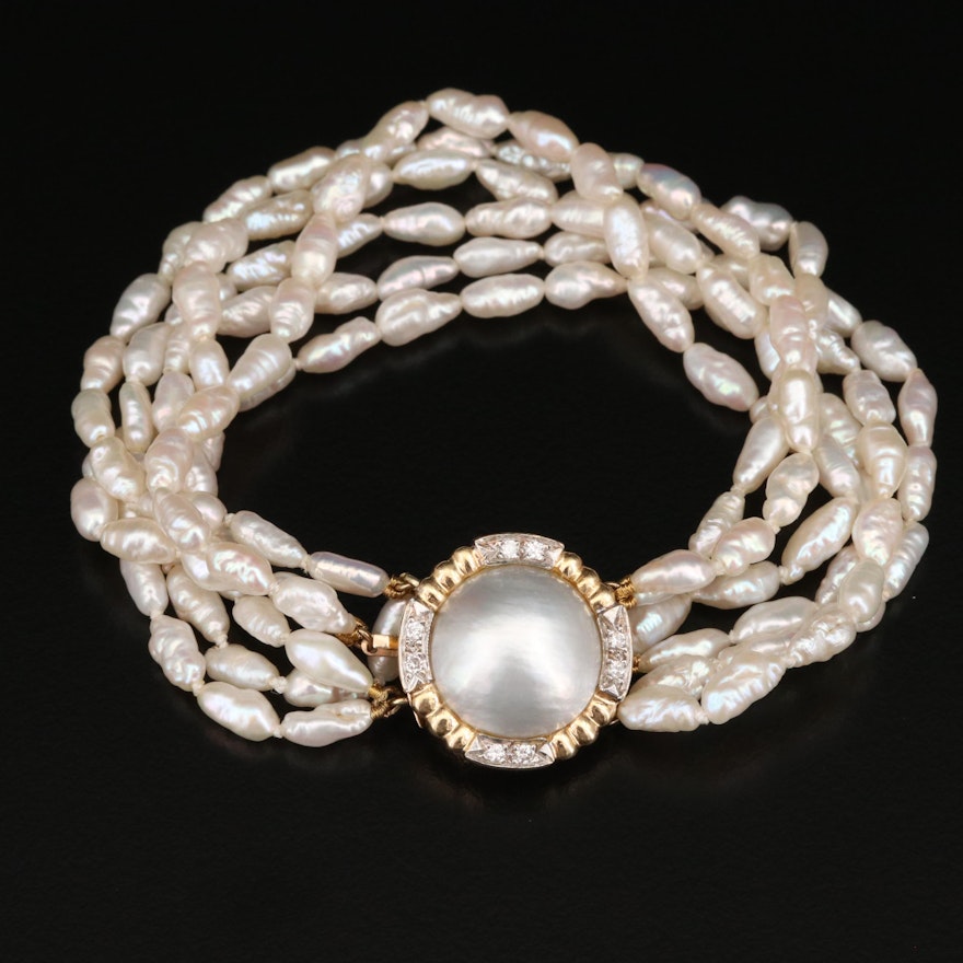 Multi-Strand Pearl Bracelet with 14K Diamond Clasp