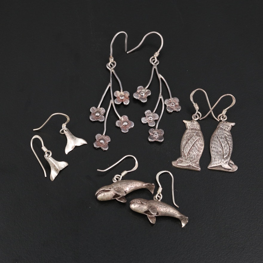 Sterling Silver Whale, Penguin, Whale Tail and Flower Earrings