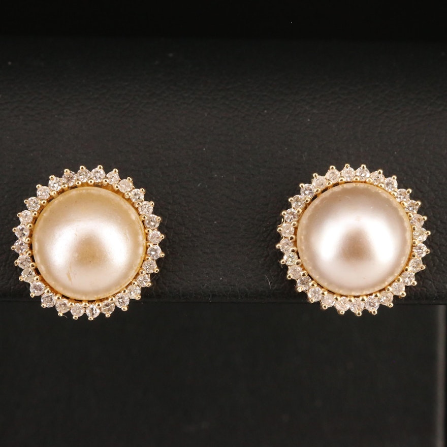 14K Faux Mabé Pearl and Diamond Earrings