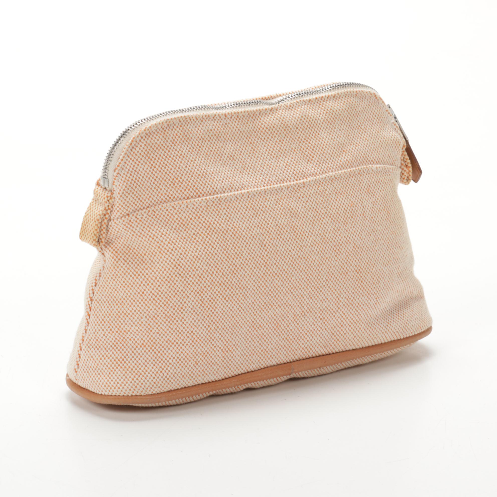 Hermès Bolide Travel Pouch in Orange/White Cotton Toile Canvas and Leather Trim