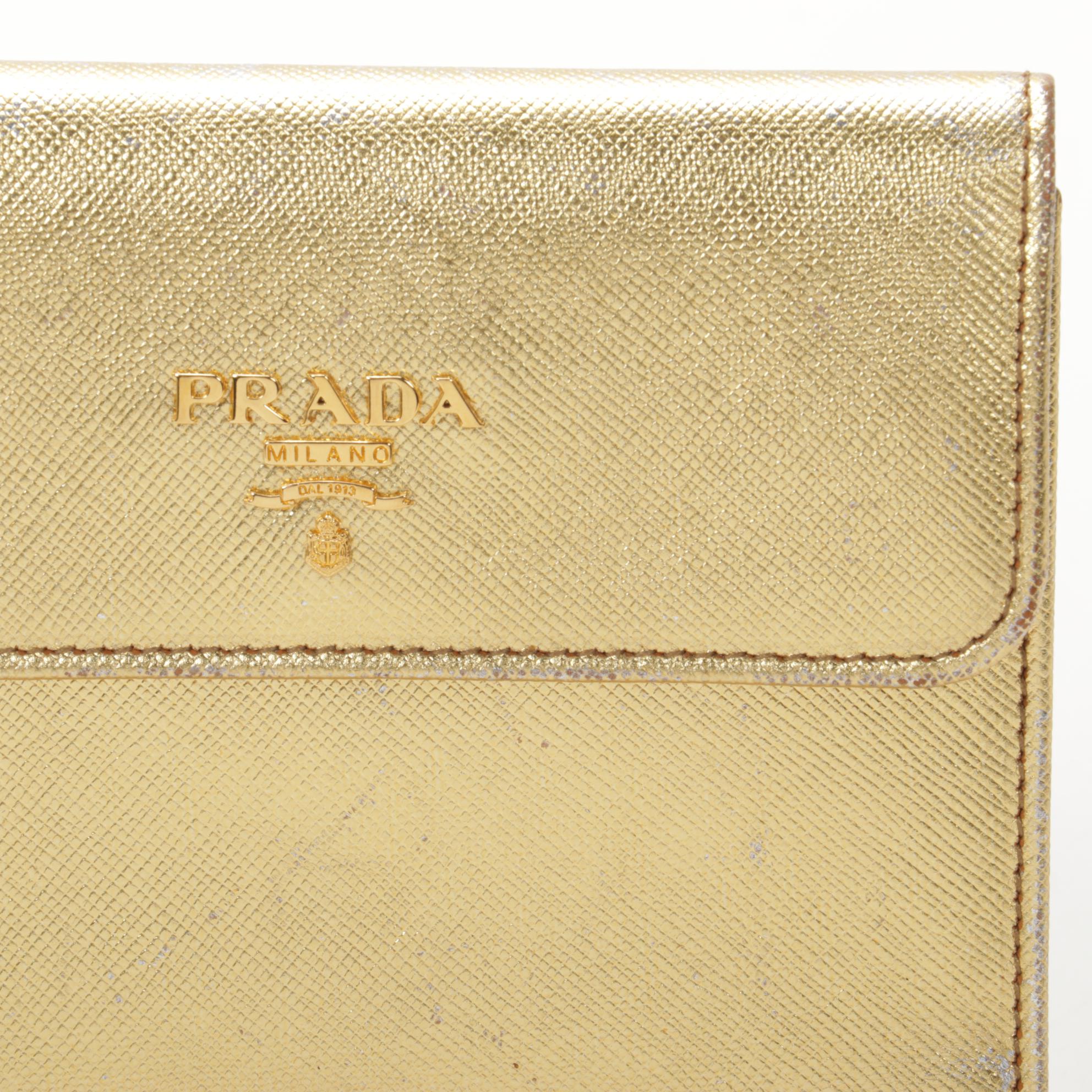 Prada Trifold Wallet in Metallic Gold Saffiano Leather