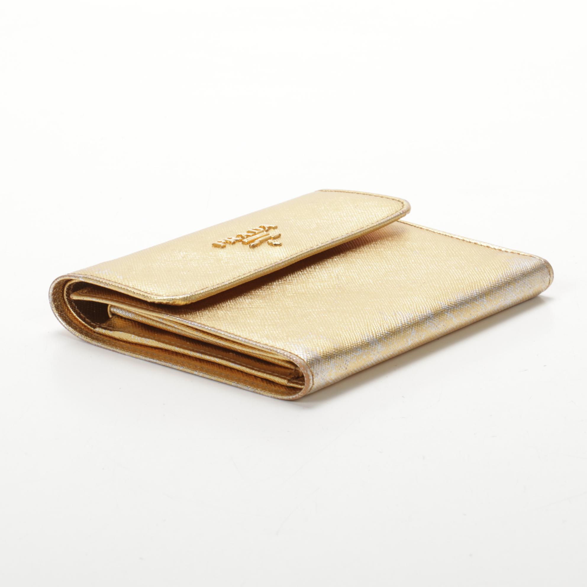 Prada Trifold Wallet in Metallic Gold Saffiano Leather