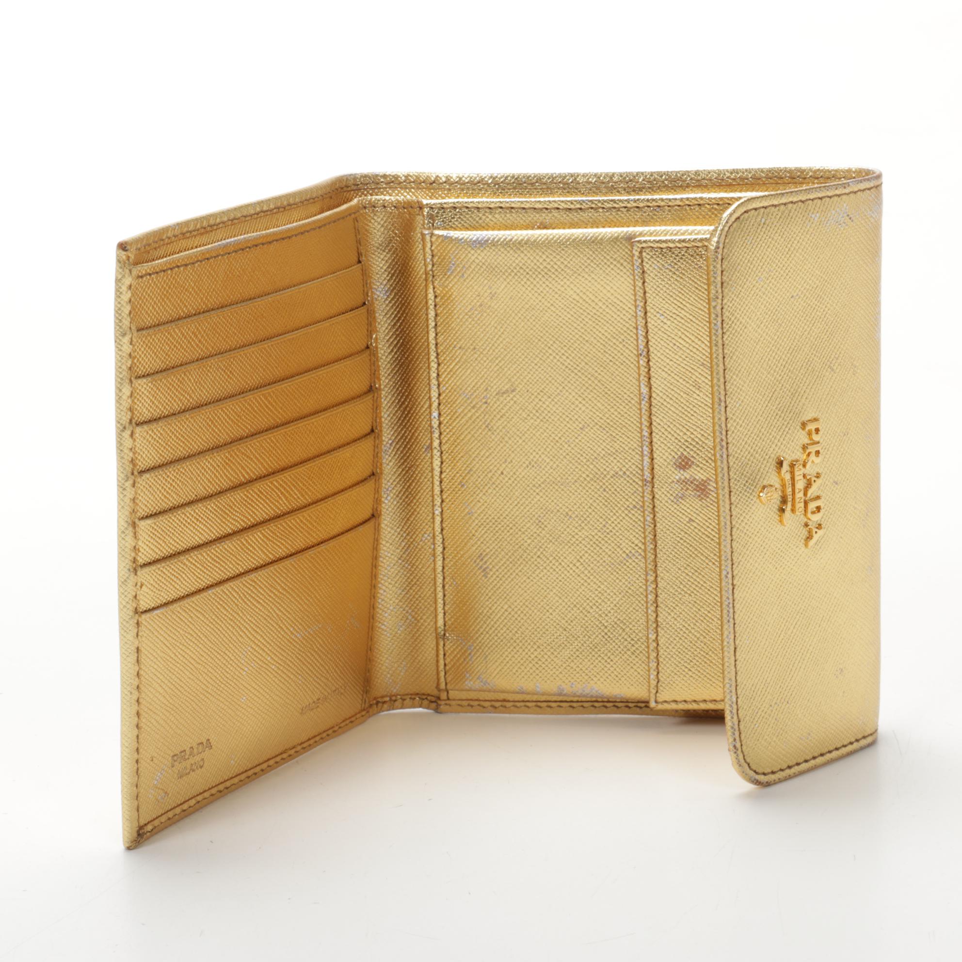 Prada Trifold Wallet in Metallic Gold Saffiano Leather