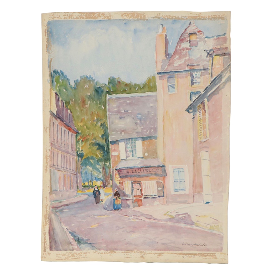 Emma Mendenhall Townscape Watercolor Painting, Early 20th Century