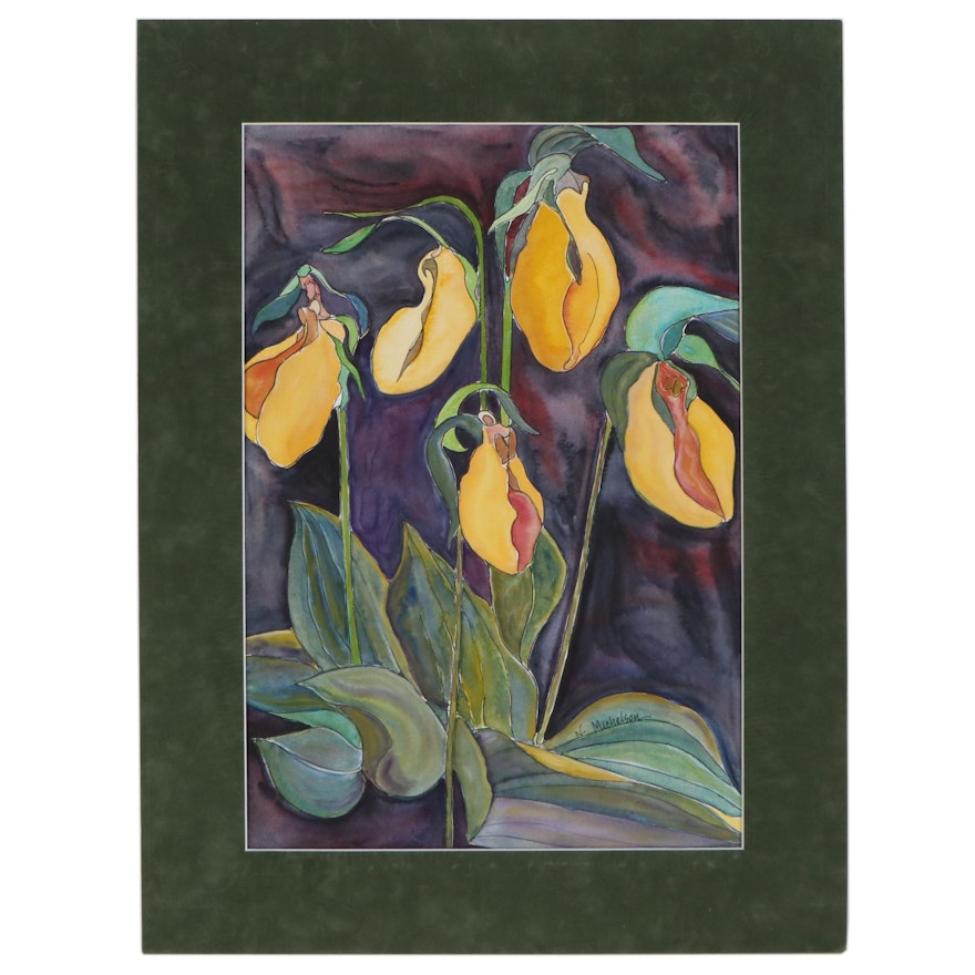 Watercolor Painting of Yellow Lady Slipper Flowers, Late 20th Century