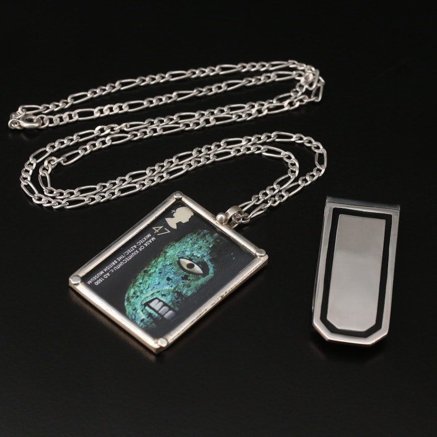 Sterling Money Clip and Mask Stamp Pendant on 950 Silver Chain Necklace