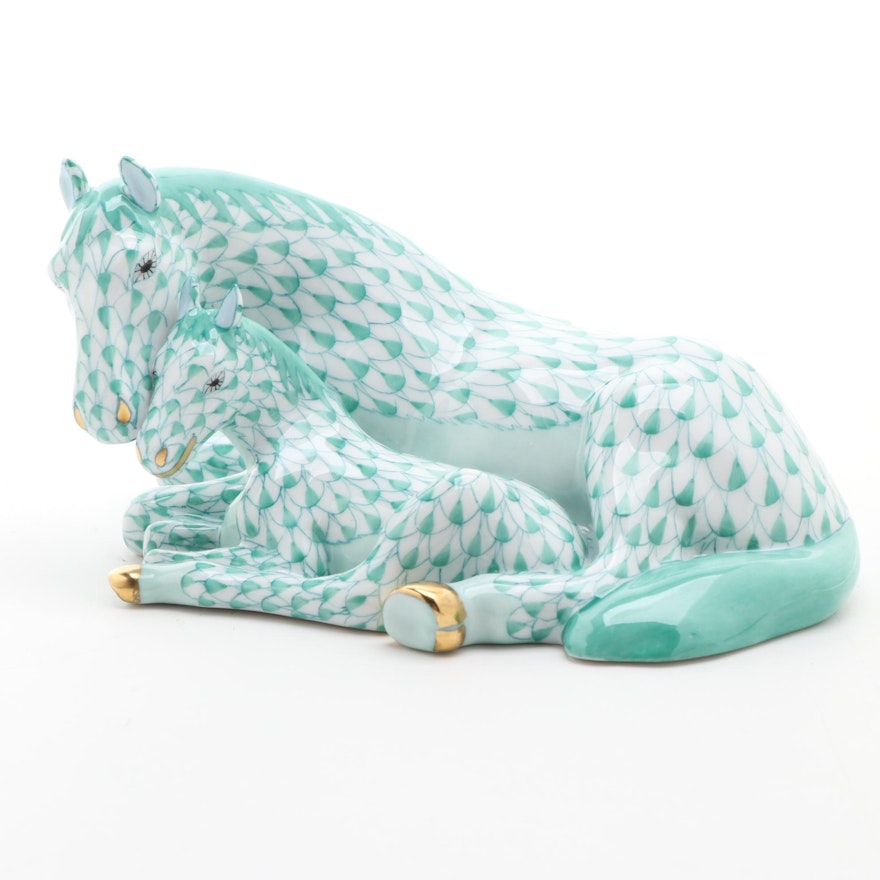 Herend Green Fishnet with Gold "Mare with Foal" Porcelain Figurine, April 1997
