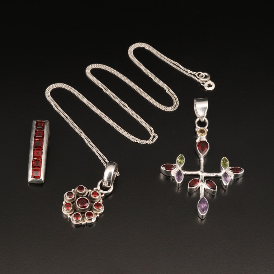 Sterling Necklace and Pendants Including Cross, Garnet, Amethyst and Peridot