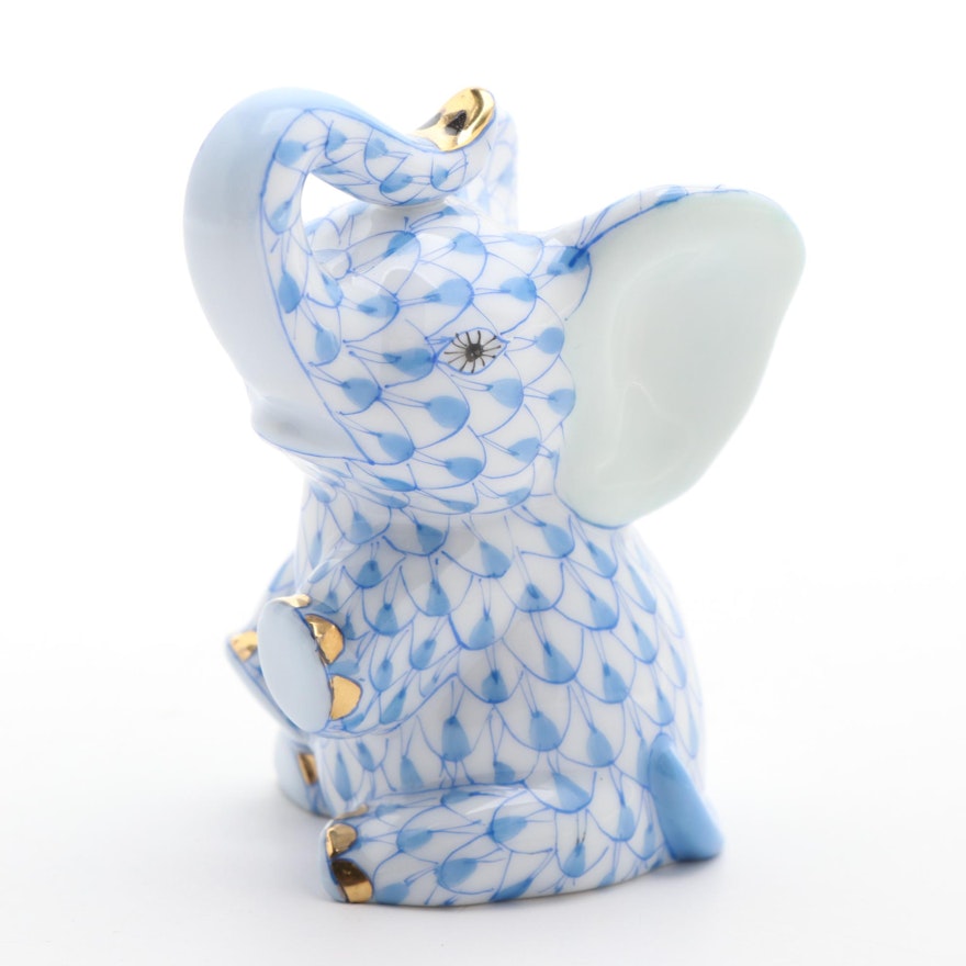 Herend Blue Fishnet with Gold "Baby Elephant" Porcelain Figurine, 1999